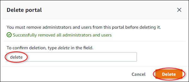 
              "Delete portals" dialog box with "Delete" highlighted.
            
