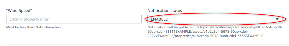 
                Amazon IoT SiteWise "Edit asset" page screenshot with "Notification status"
                  highlighted.
              
