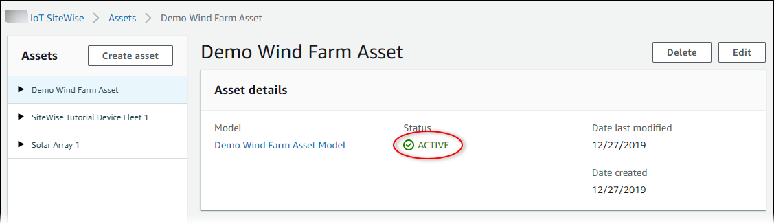 
                Amazon IoT SiteWise "Asset" page screenshot with asset status highlighted.
              