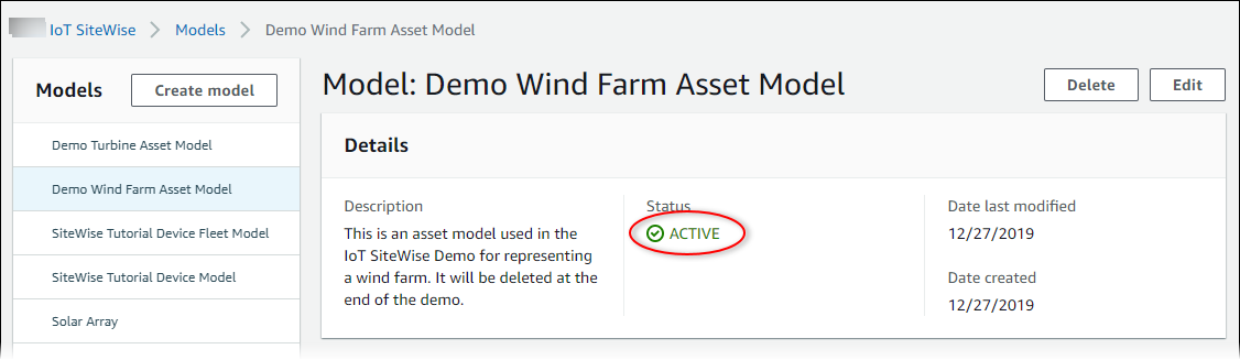 
                Amazon IoT SiteWise "Asset model" page screenshot with asset model status
                  highlighted.
              