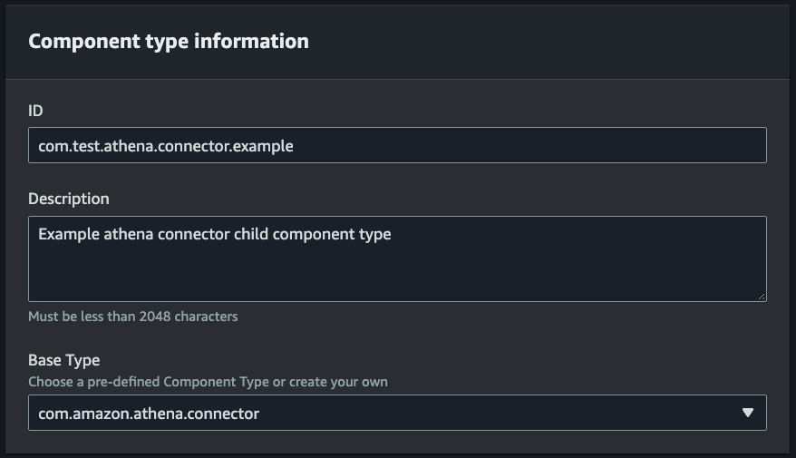 The component type information console page with entry fields for the ID, description and base type.