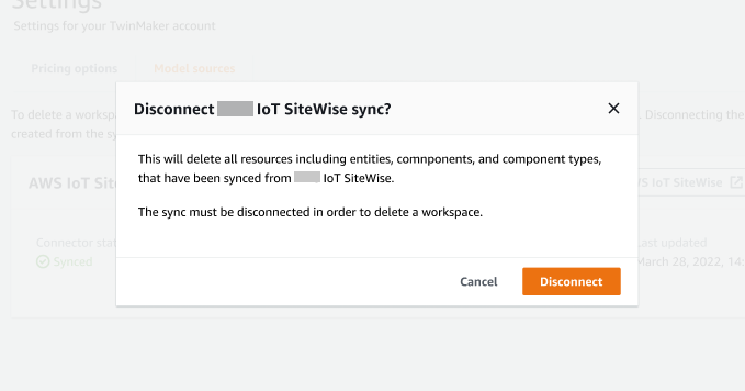The Disconnect Amazon IoT SiteWise sync dialog box has buttons to Cancel or Disconnect the sync job.