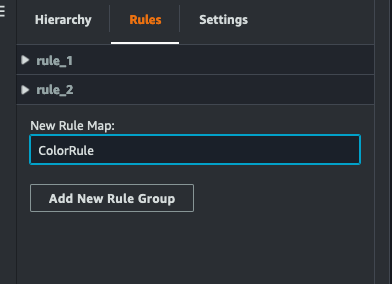 The "Rules" tab with the New Rule Map name entered above the "Add New Rule Group" button.