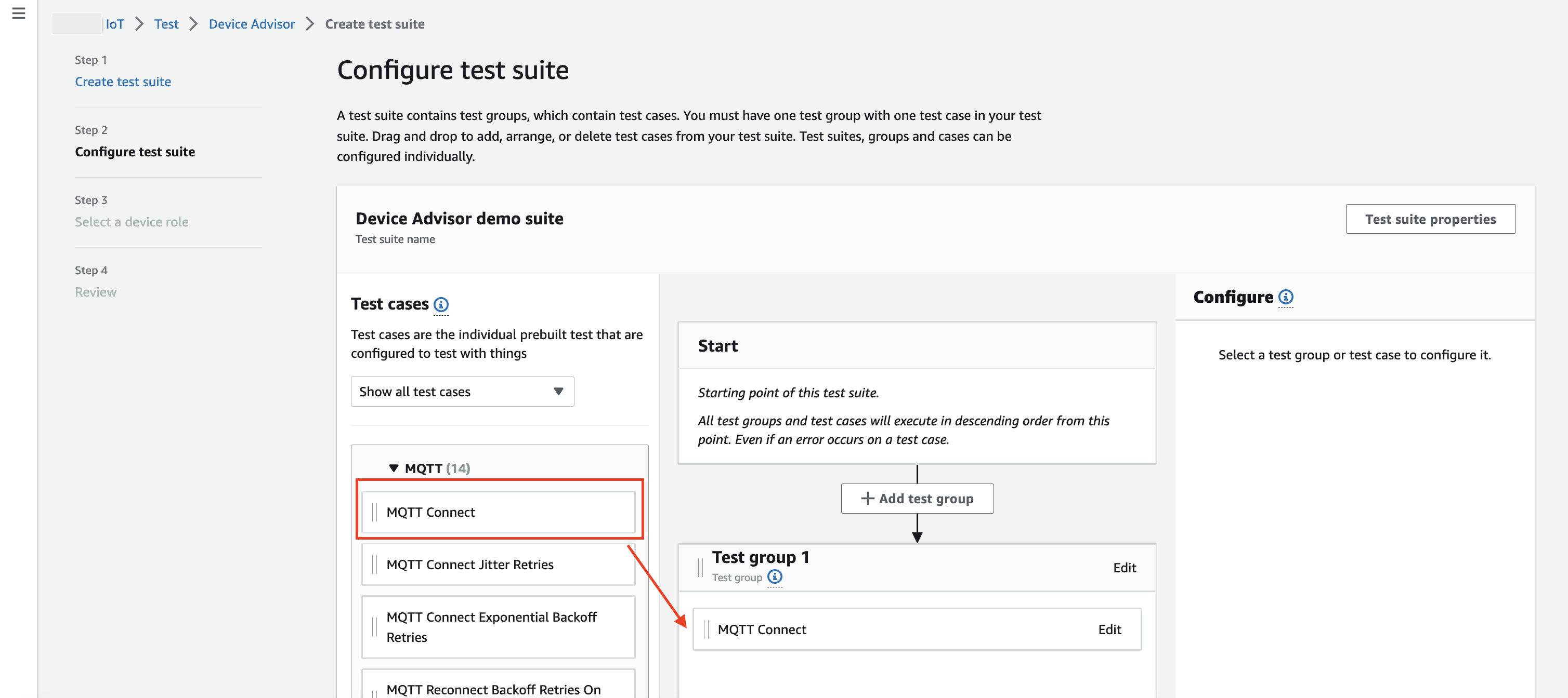 
                            The configuration interface for creating a test suite in Device Advisor, with options to add test groups and 
                                test cases for testing IoT devices.
                        
