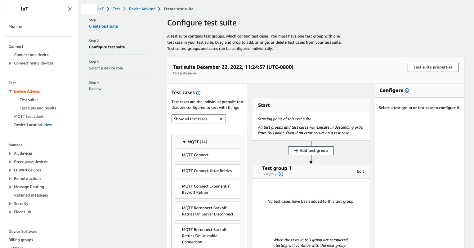 
                            Configure test suite page that shows steps to create a test suite with test groups 
                                and cases for testing IoT devices.
                        