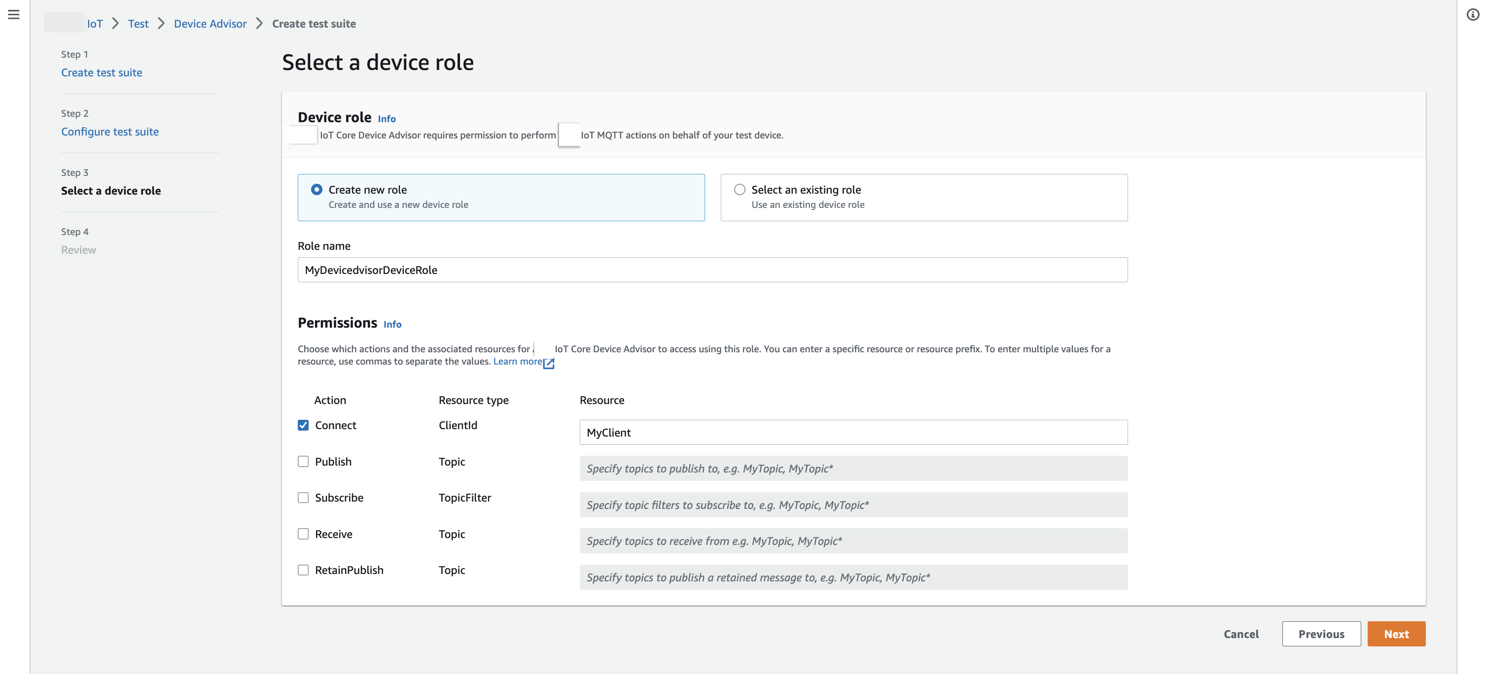 
                            The "Select a device role" step in Device Advisor for creating a test suite, 
                                with options to create a new role or select an existing role, and fields to 
                                specify role name, permissions, and resource details.