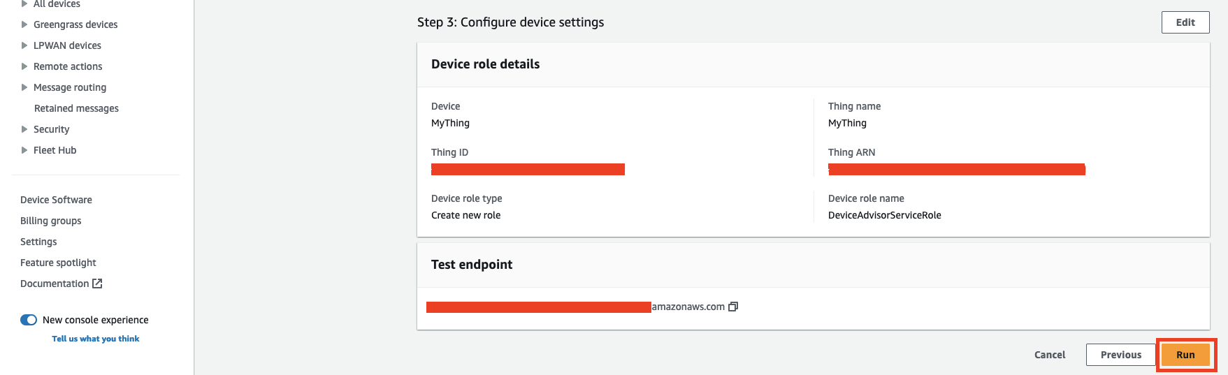 
                        A device configuration console that shows device role details, test endpoint, 
                            and options to cancel, go back, or run.
                    