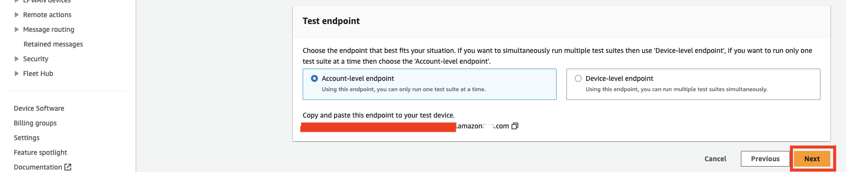 
                            Options to select Account-level or Device-level endpoint for testing, 
                                with an endpoint URL provided and Next button.
                            
                        