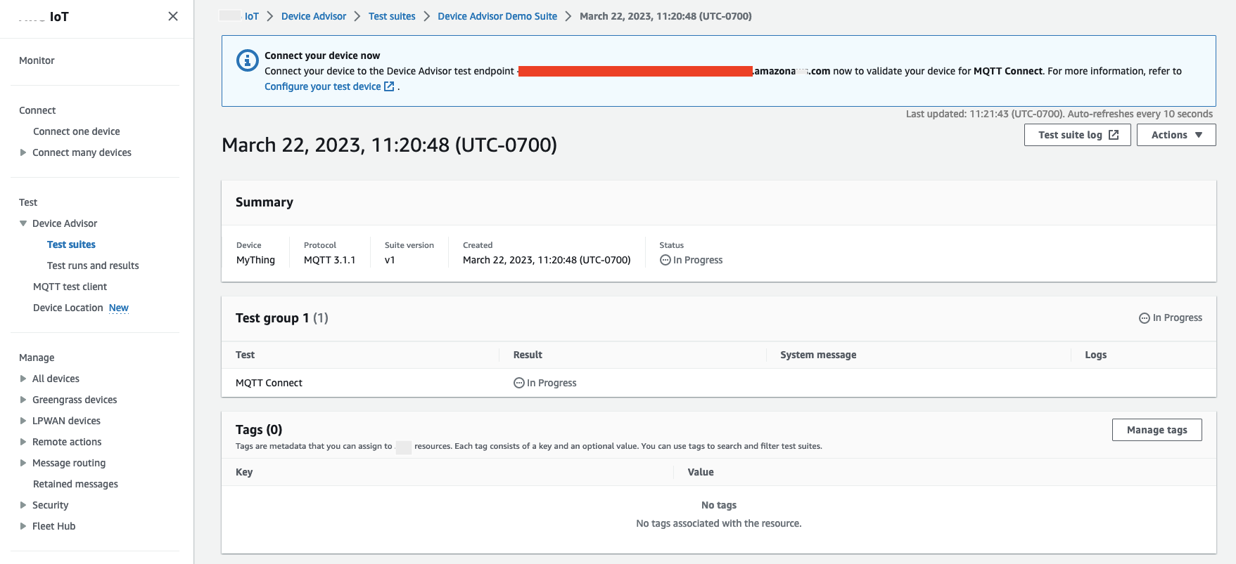 
                        The test suite interface that indicates an MQTT 3.1.1 test is in progress for the device "MyThing".
                    