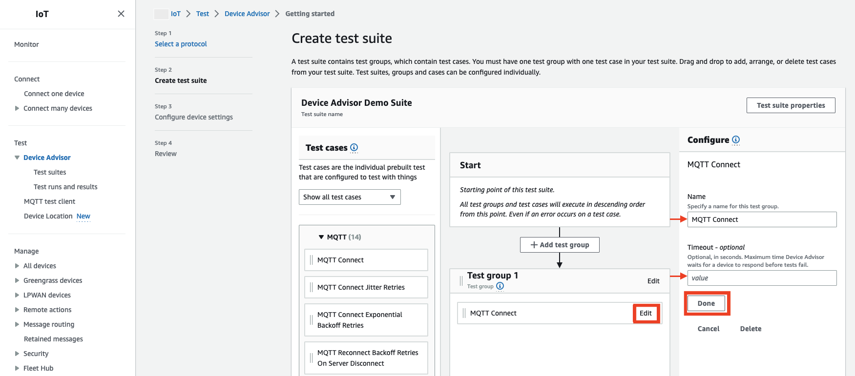 
                        The "Create test suite" interface that shows options to configure a test suite, 
                            test groups, and individual test cases for testing IoT devices.
                        
                    