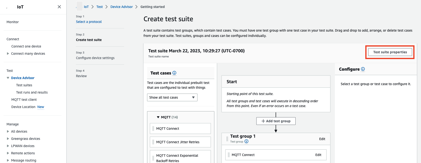 
                        
                            The "Create test suite" screen in Device Advisors, 
                            where users can create and configure test groups and cases for testing IoT devices with MQTT protocol.
                        
                    