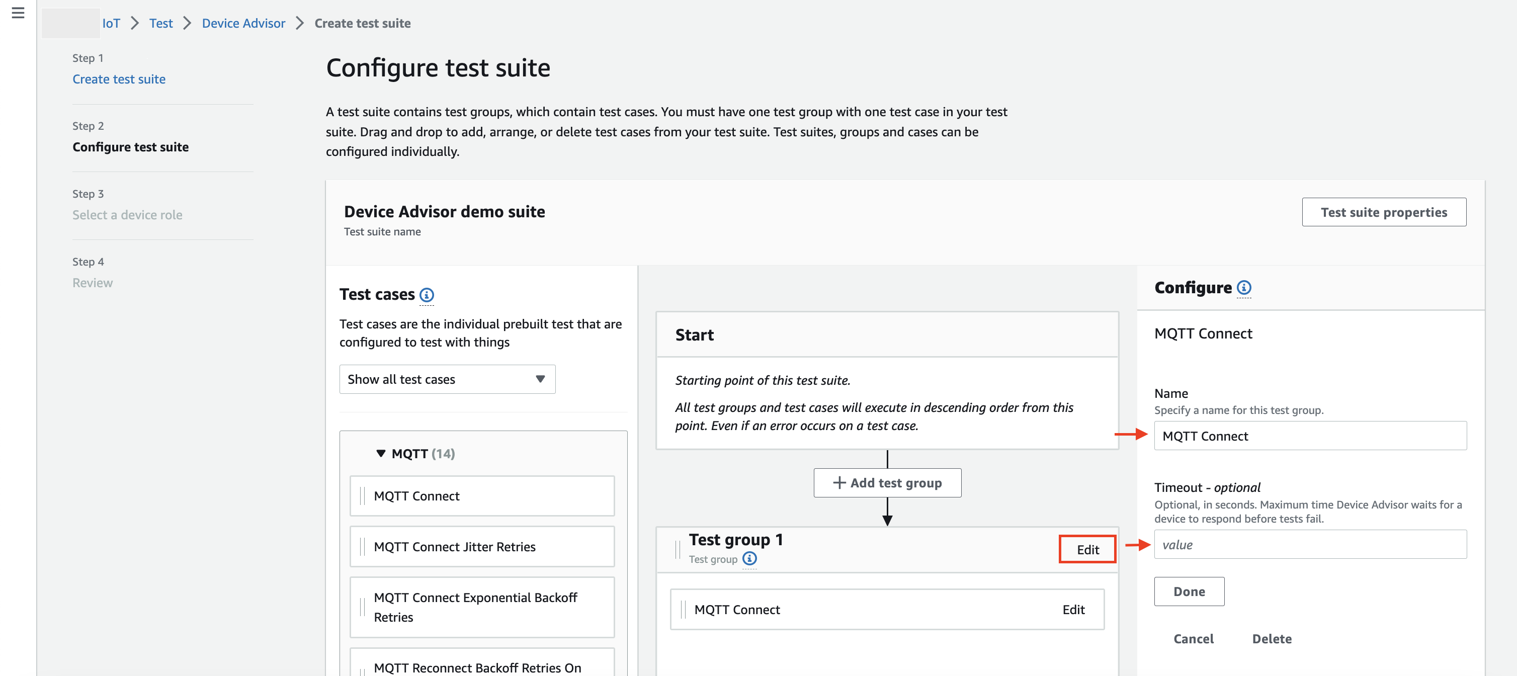 
                            Test suite configuration interface with options to configure test groups, test cases, 
                            timeout settings, and starting points for the test suite execution.
                        