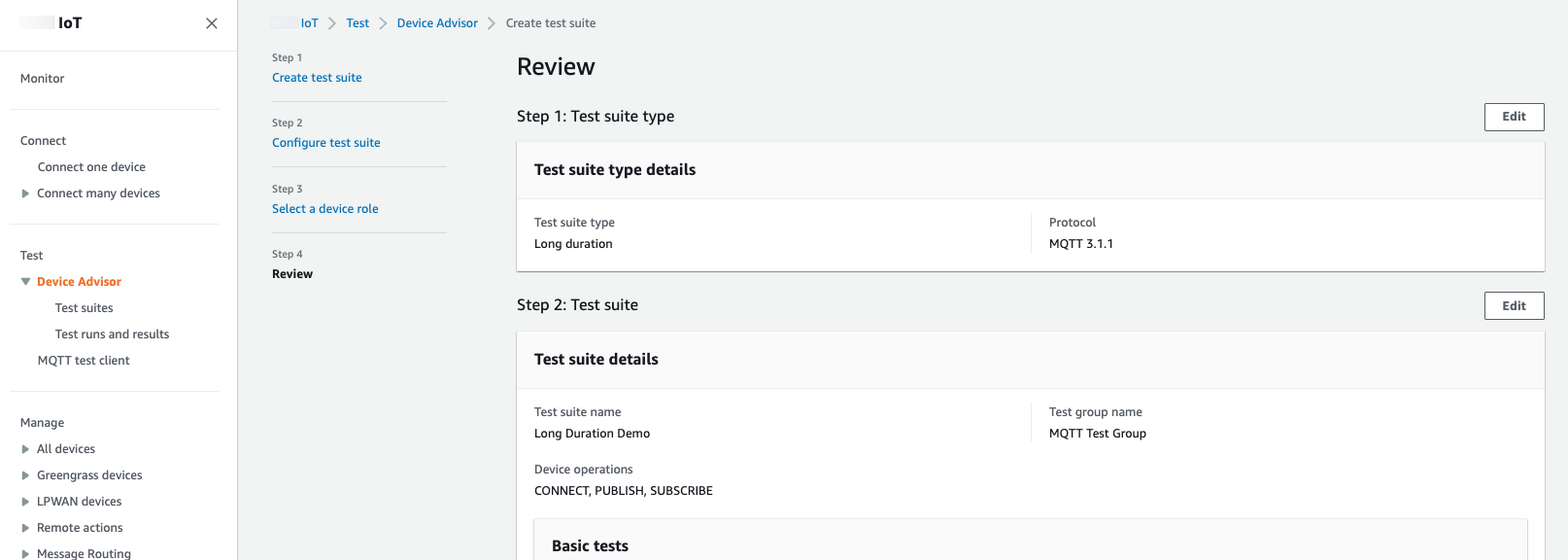 The "Review" page where you can review all the details of the Device Advisor configuration.