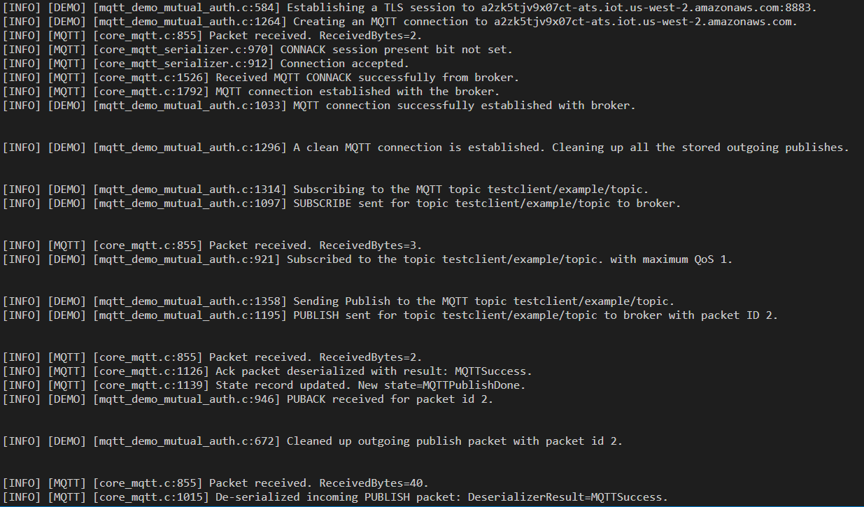 
                            Command line output for running the Amazon IoT Device SDK for Embedded C sample application.
                        