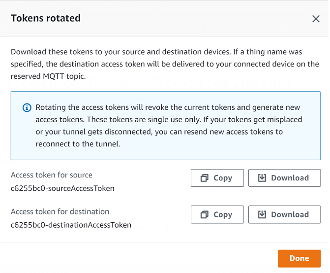 Access tokens for source and destination devices with options to copy or download them. Text explains that rotating tokens revokes current tokens and generates new single-use tokens for reconnecting a disconnected tunnel.