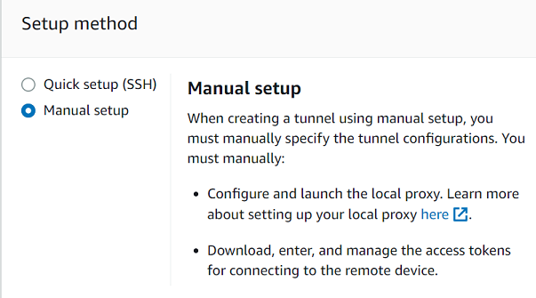 Two options for setting up a tunnel connection: Quick setup (SSH) or Manual setup, which requires configuring a local proxy and managing access tokens.