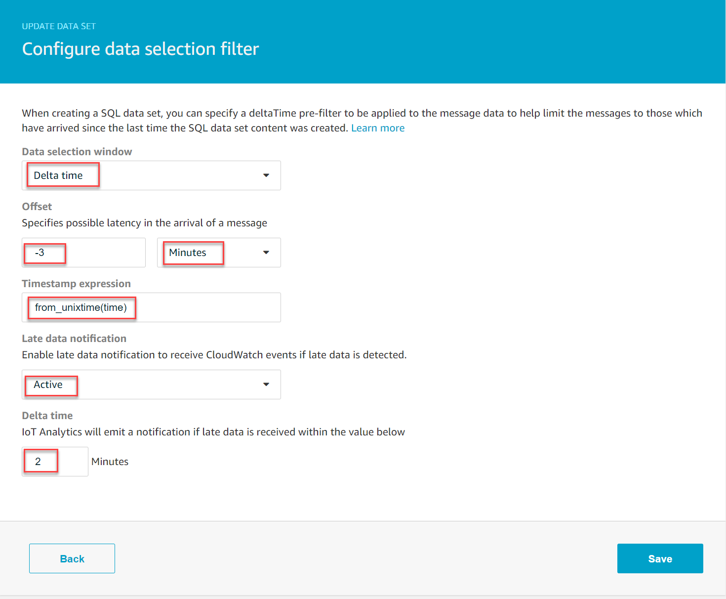 
      Configure data selection filter in the Amazon IoT Analytics console.
     