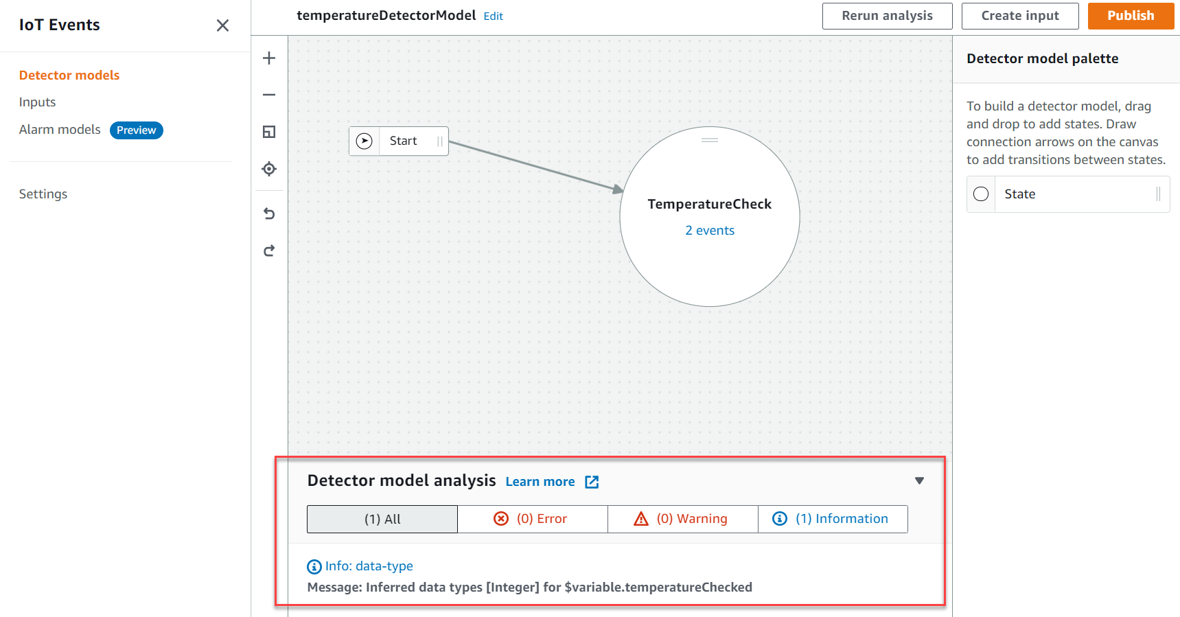 
                    Screenshot of how to analyze detector models in the Amazon IoT Events
                        console.
                