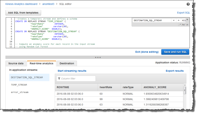 Console screenshot showing real-time analytics tab with the resulting data in the in-application stream.