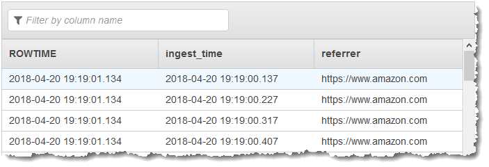 Console screenshot showing resulting data table with ROWTIME, ingest_time, and referrer columns.
