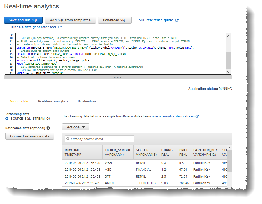 Screenshot of the SQL editor showing the real-time analytics tab and in-application streams.