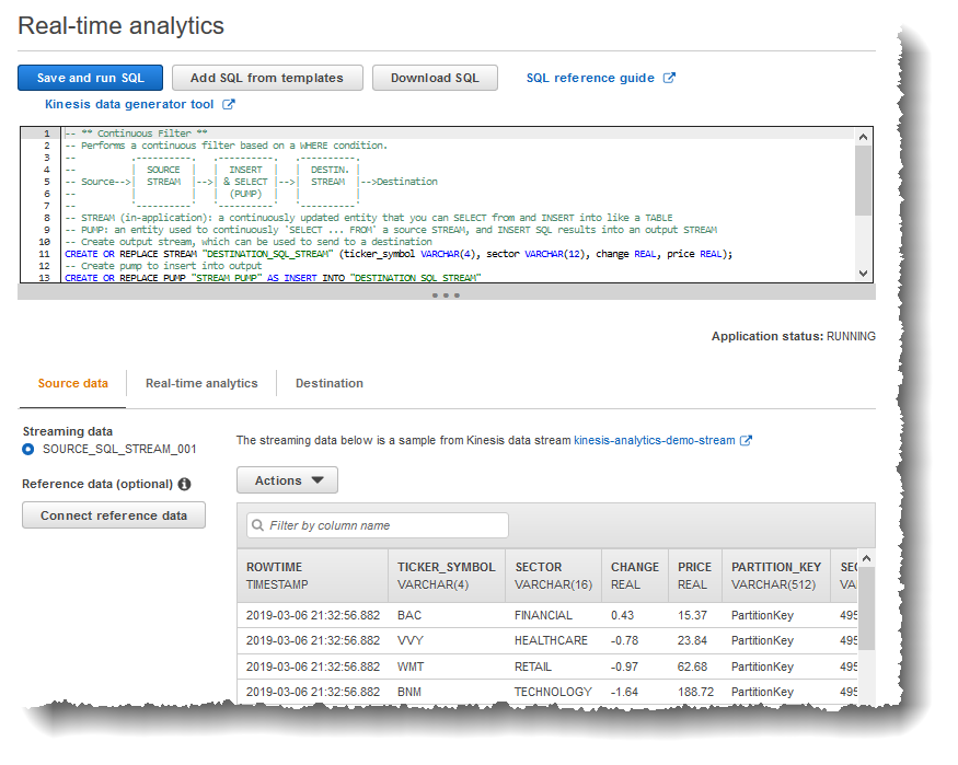 Screenshot of the SQL editor showing the source data tab with the streaming source highlighted.