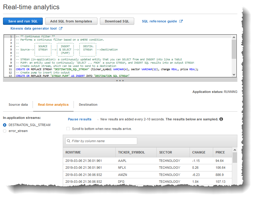 Screenshot of the SQL editor showing the real-time analytics tab with in-application streams highlighted.