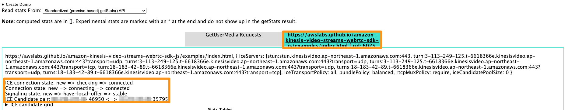 An example of a screen that displays information about the established connection.
