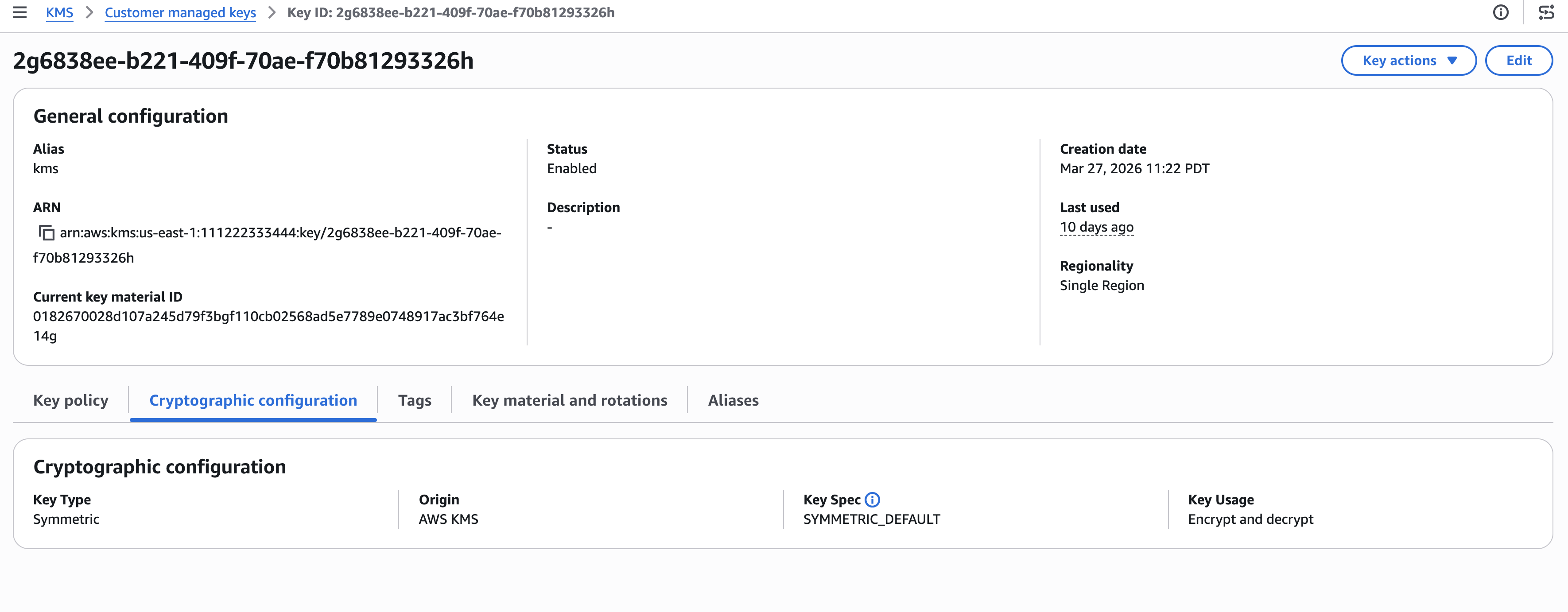KMS key details page showing general configuration and cryptographic settings.
