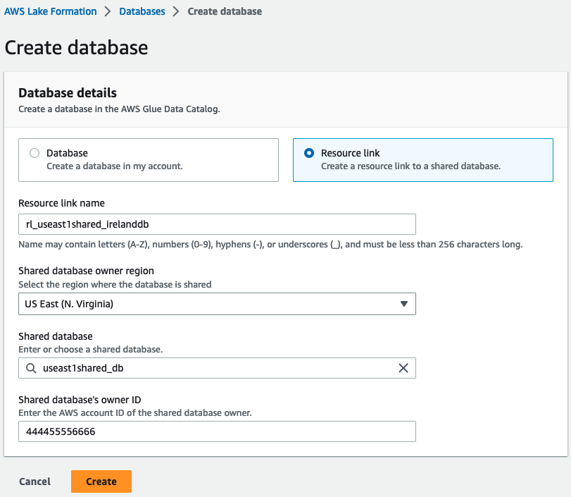 The Database details dialog box has the Resource link radio button selected, with the following fields filled in: Resource link name, Shared database, Shared database owner ID. Shared database owner ID is disabled (read-only).