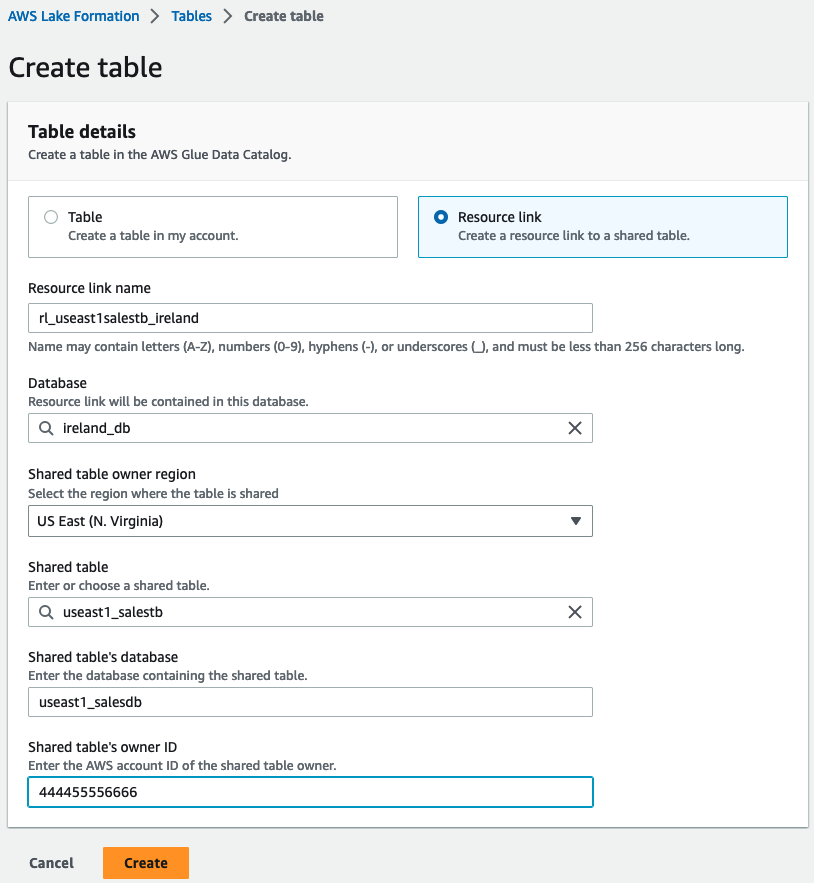 
            The Table details dialog box has the Resource link radio button selected, with
              the following fields filled in: Resource link name, Database, Shared table, Shared
              table's database, and Shared table owner ID. The last two fields are disabled
              (read-only).
          
