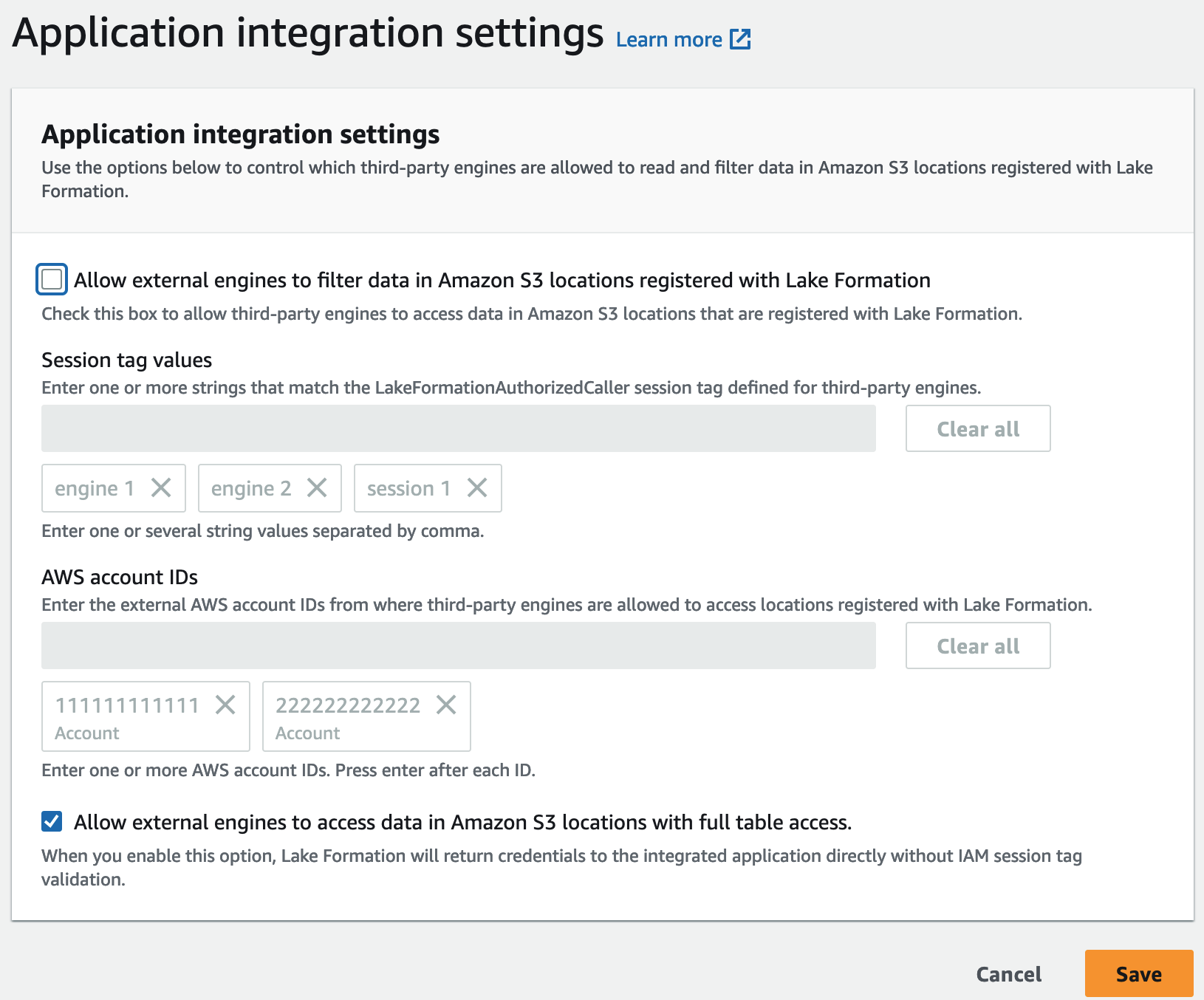 The screenshot shows the Application integration setting page for Lake Formation. The option Allow external engines to access data in Amazon S3 locations with full table access is selected.