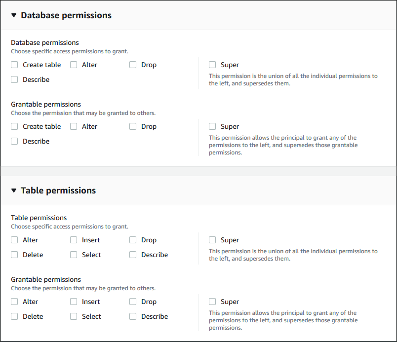 
                  Two sections of the page are shown. The Database permissions section
                     contains check boxes for database permissions and grantable permissions.
                     Beneath the Database section, the Table permissions section shows the check
                     boxes for table permissions and grantable permissions.
               