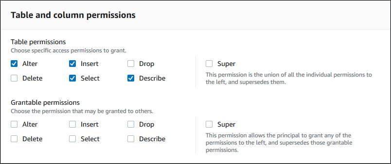 
                           The Table and column permissions section has two subsections:
                              Table permissions and Grantable permissions. Each subsection has a
                              check box for each possible Lake Formation permission: Alter, Insert, Drop,
                              Delete, Select, Describe, and Super. The Super permission is set off
                              to the right of the other permissions, and has a description: "This
                              permission allows the principal to grant any of the permissions to the
                              left, and supersedes those grantable permissions."
                        