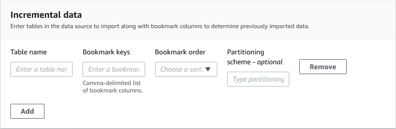 
                The Incremental data section of the console includes these fields: Table
                  name, Bookmark keys, Bookmark order, Partitioning scheme. You can add or remove
                  rows, where each row is for a different table.
              