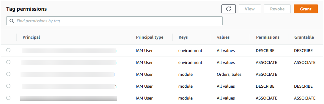 The page includes a table of permissions with the following columns: Principal, Principal type, Keys, Values, Permissions, and Grantable. There are five rows. To the left of each row is a radio button. Above the table are a search field and these buttons: Refresh, View, Revoke, and Grant. Because no row is initially selected, the View and Revoke buttons are disabled. The values in the first row are: Principal=arn:aws:iam::111122223333:user/datalake_admin, Principal type=IAM user, Keys=environment, Values=All values, Permissions=DESCRIBE, Grantable=DESCRIBE.
