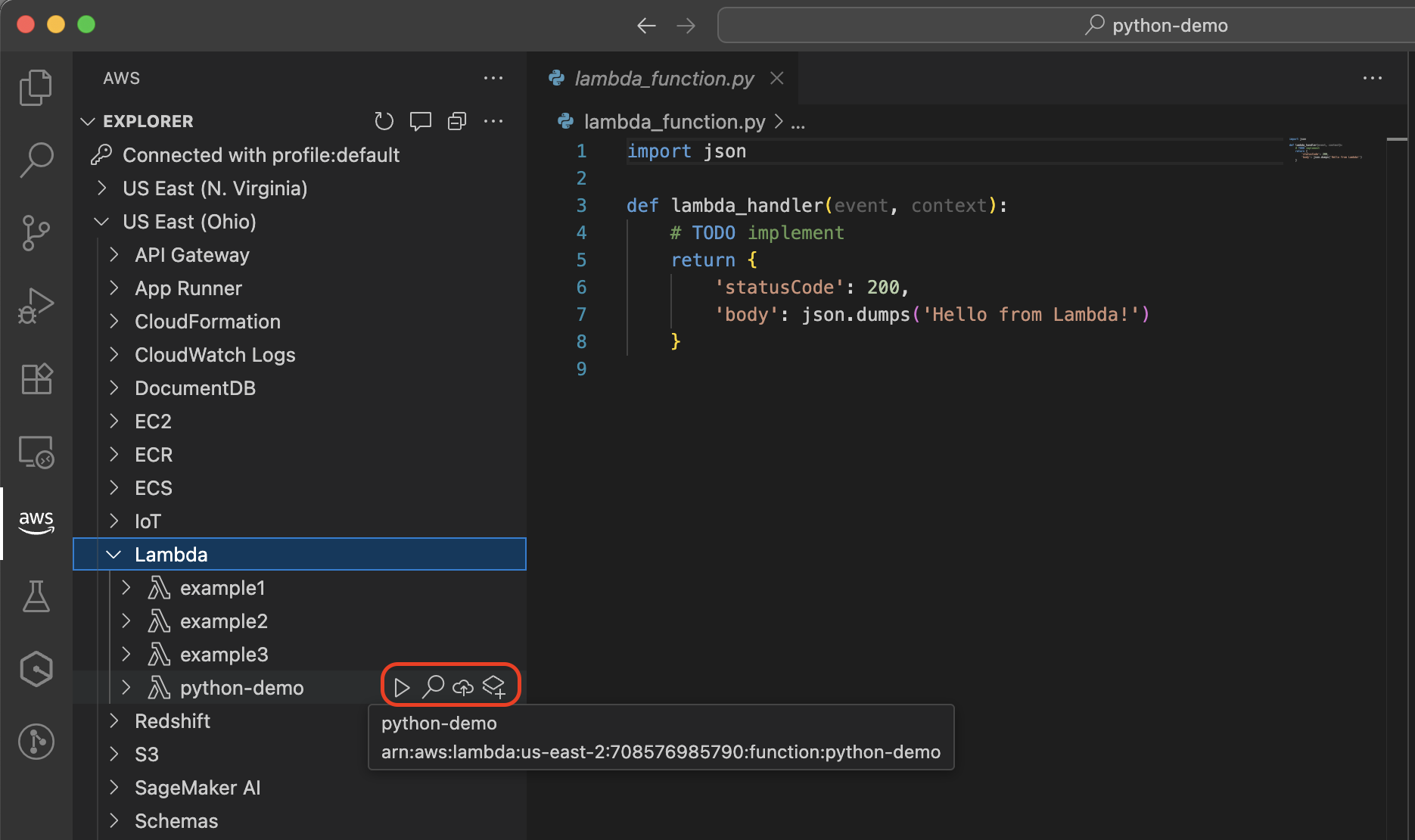 Lambda functions with action icons for deploy, invoke, and more