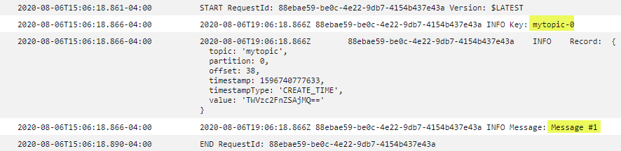 A log event in CloudWatch with messages corresponding to the event information extracted by the provided code.