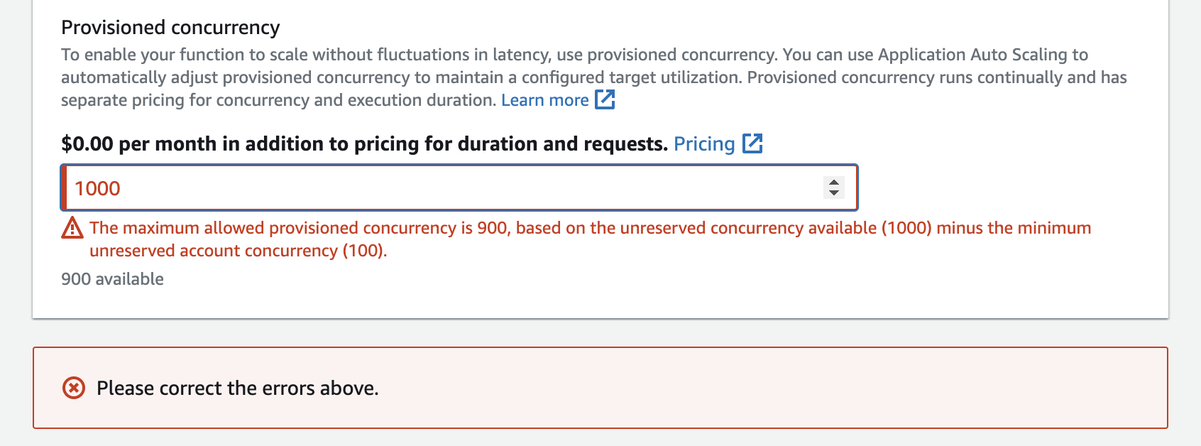 An error occurs if you try to allocate too much provisioned concurrency.