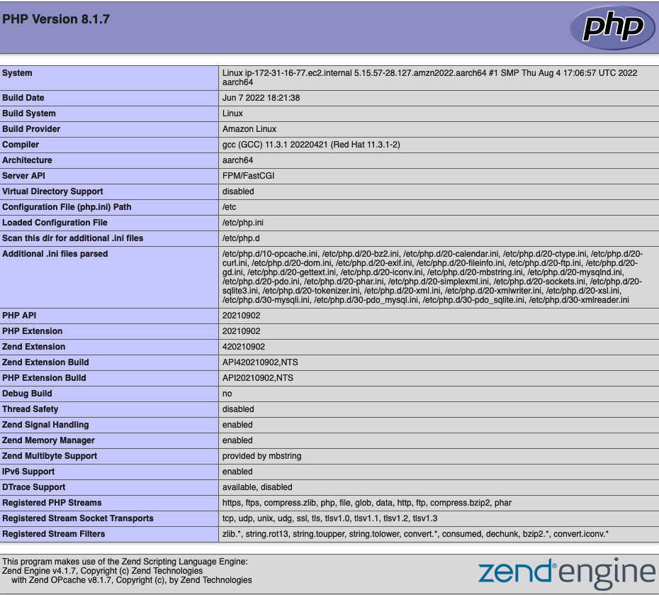 
                        Test of the LAMP server shows the PHP information page.
                    