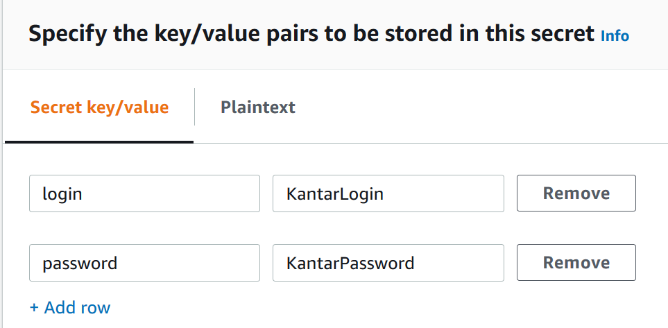 
                        This screenshot shows two key-value pairs. The key for the first is
                            "login" and the value is your Kantar login name. The key for the second
                            is "password" and the value is your Kantar password.
                    