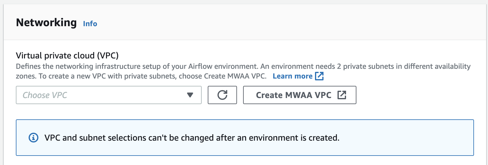 
          This image shows where you can find the Create MWAA VPC on the Amazon MWAA console.
      