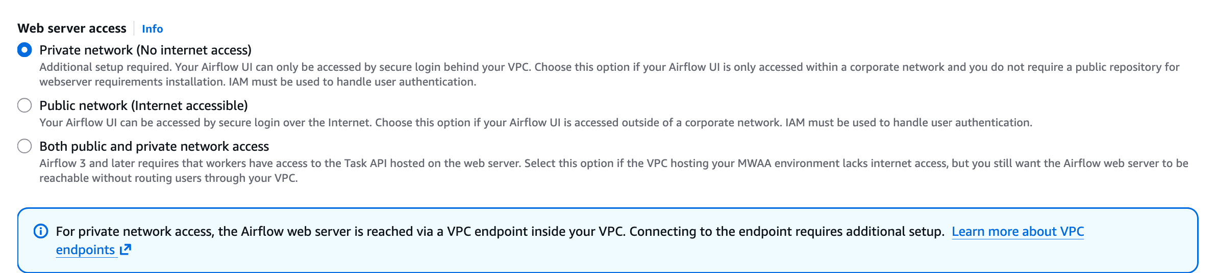 This image depicts where to find the Private network option on the Amazon MWAA console.