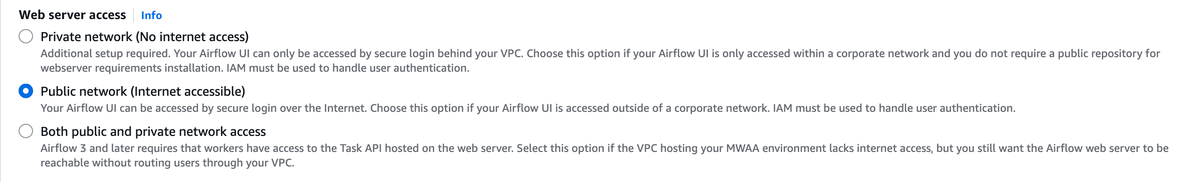This image depicts where to find the Public network option on the Amazon MWAA console.