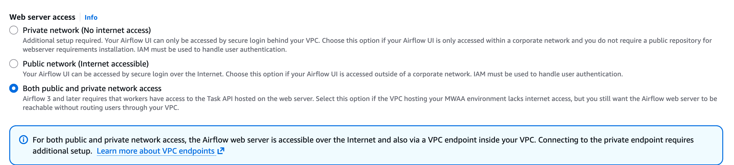 This image depicts where to find the Both public and private network option on the Amazon MWAA console.