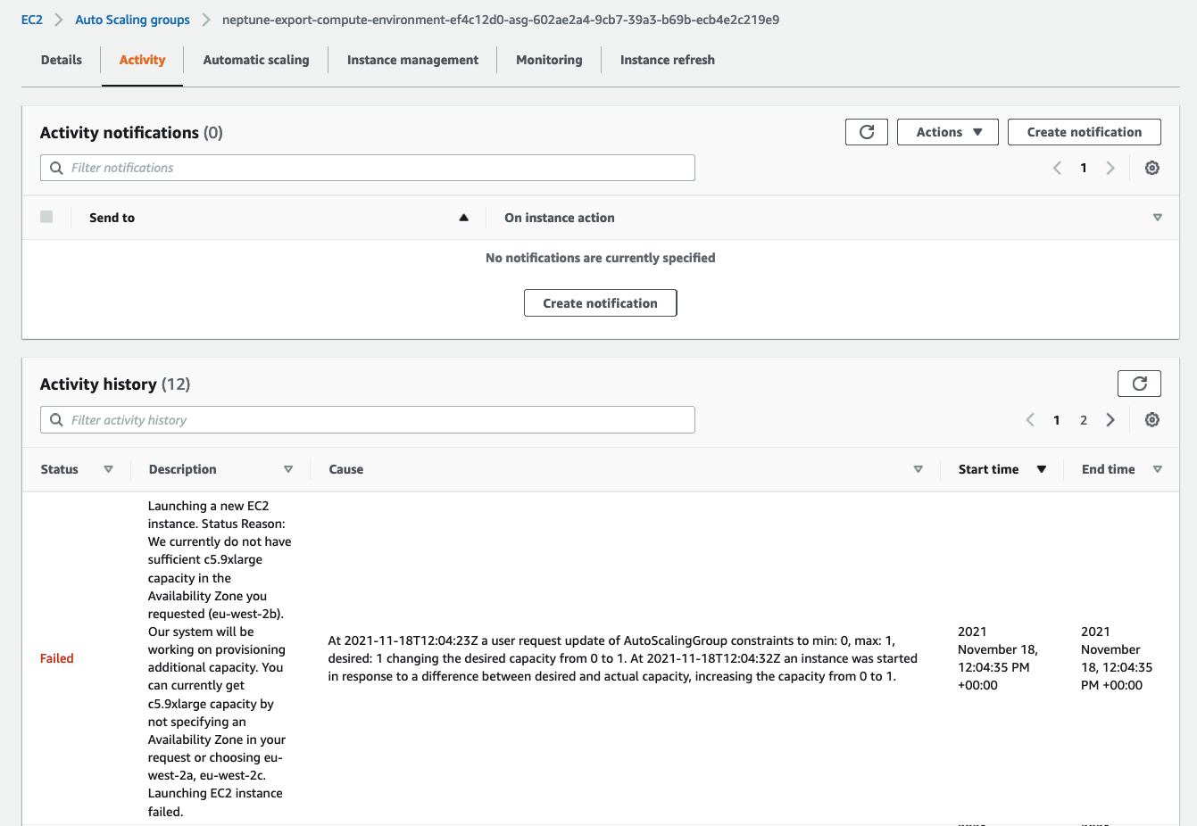 Screenshot of the Amazon EC2 console when checking for Auto Scaling problems