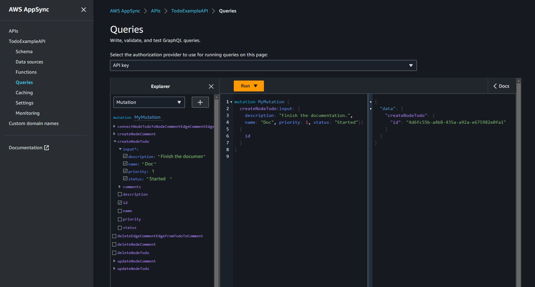 Screenshot showing the AppSync Queries console creating a Todo node