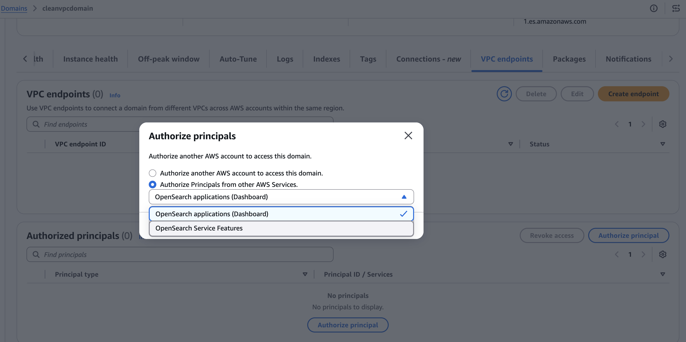 Authorize principals dialog with OpenSearch Service Features selected.