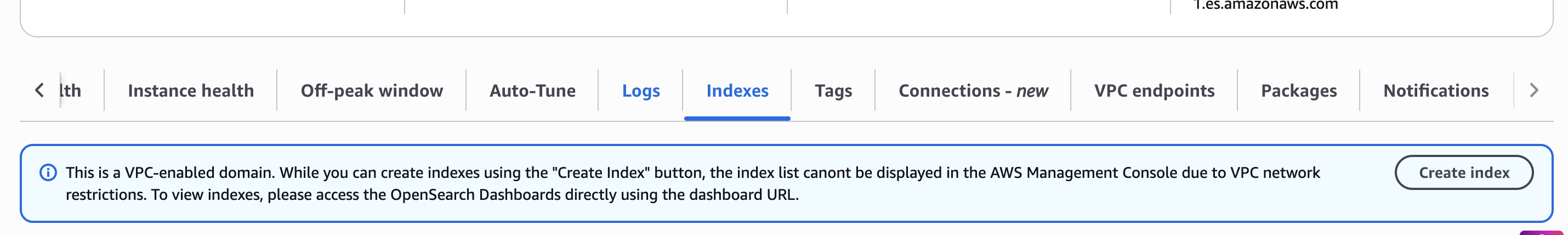 Indexes tab after authorization showing an info banner and a Create index button.