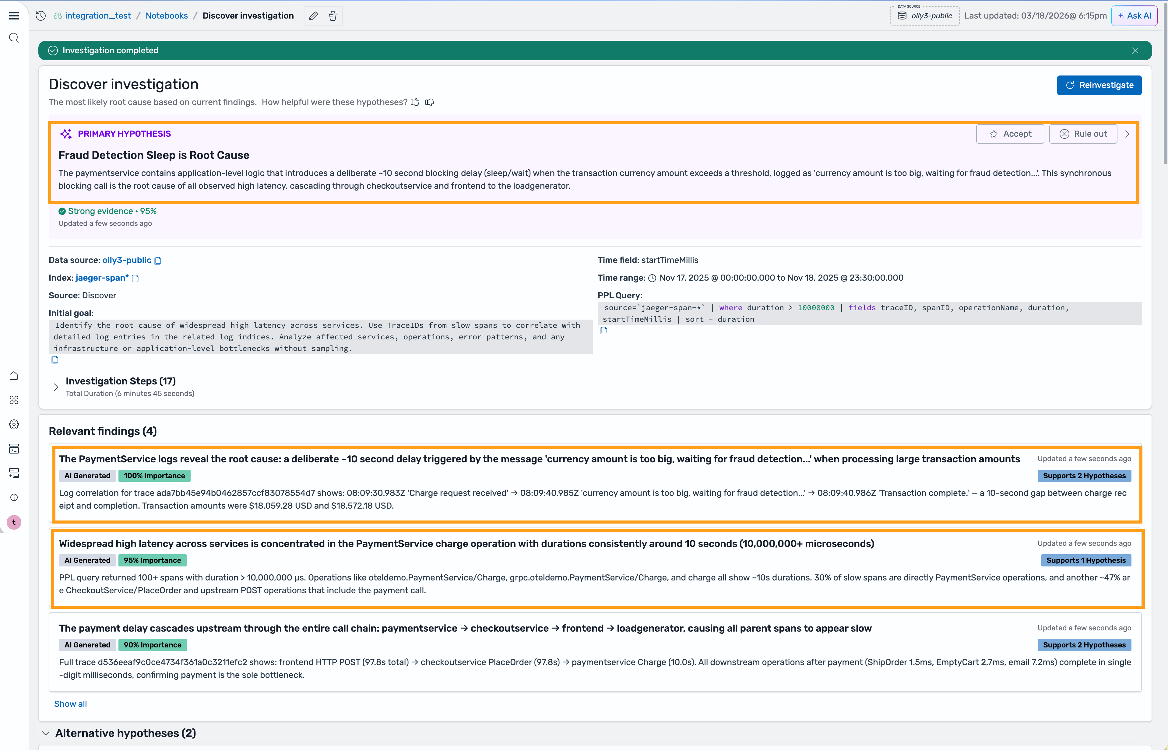 The investigation results page showing a primary hypothesis with Accept and Rule out options, relevant findings ranked by importance, and alternative hypotheses.